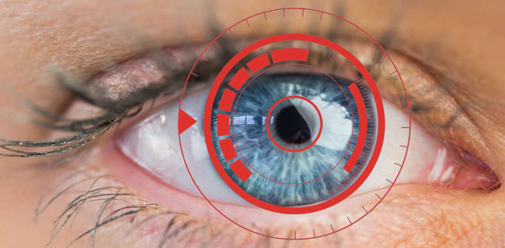 Közeli kép egy szemről, mely különböző részei ki vannak emelve egy piros ábrával.